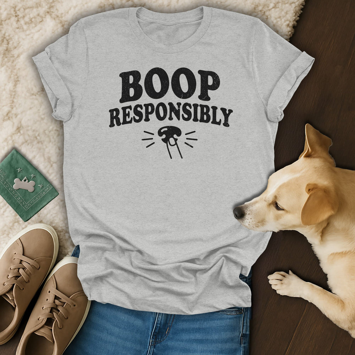 Grey t-shirt with "BOOP RESPONSIBLY" text and a dog nose graphic.