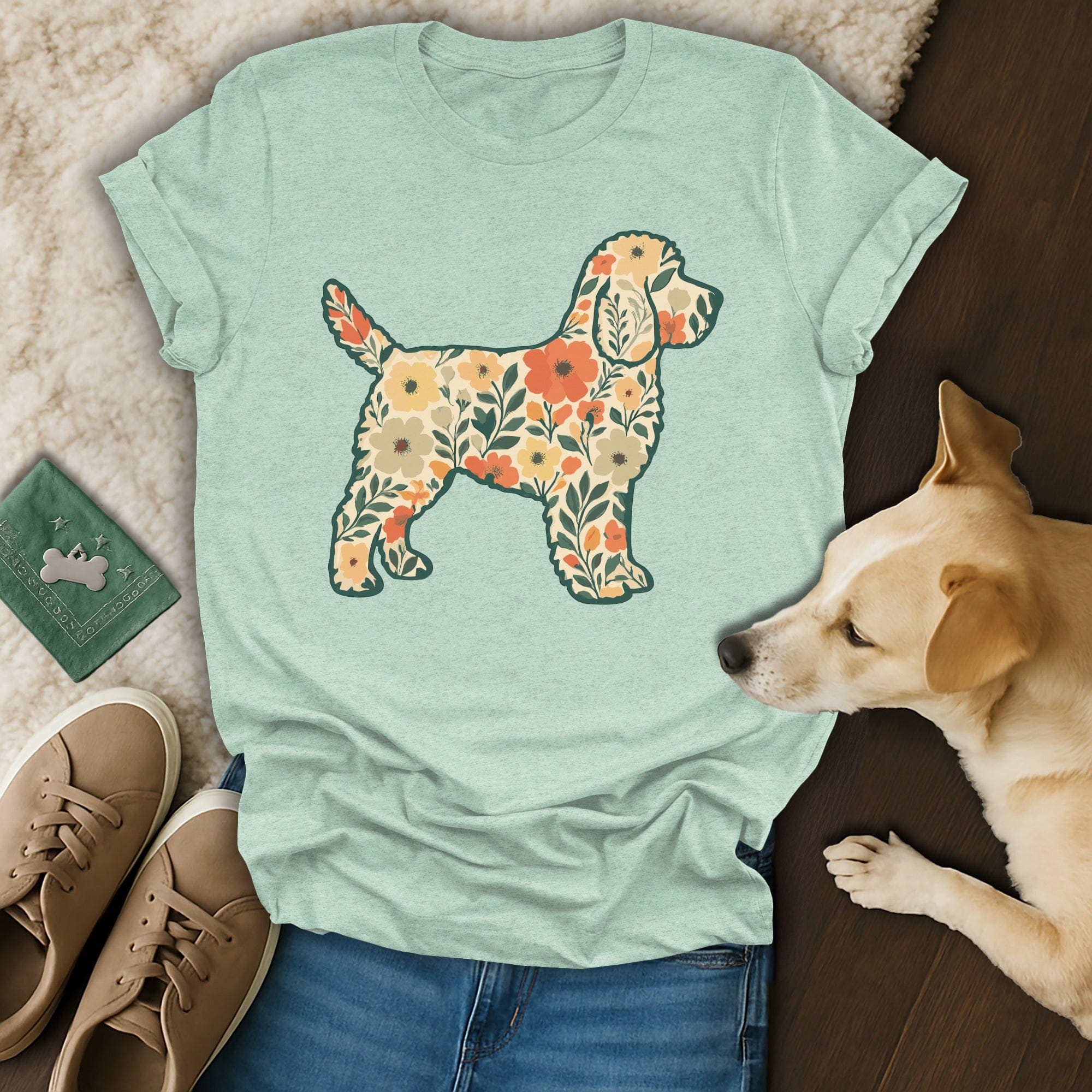 Floral Pattern Dog Graphic Mint Green T-Shirt Product