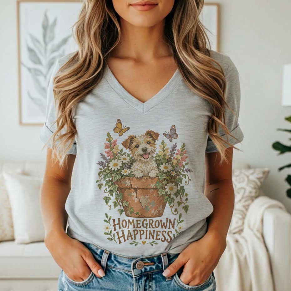A woman wearing a gray V-neck t-shirt featuring a graphic of a puppy in a flowerpot with the text Homegrown Happiness.