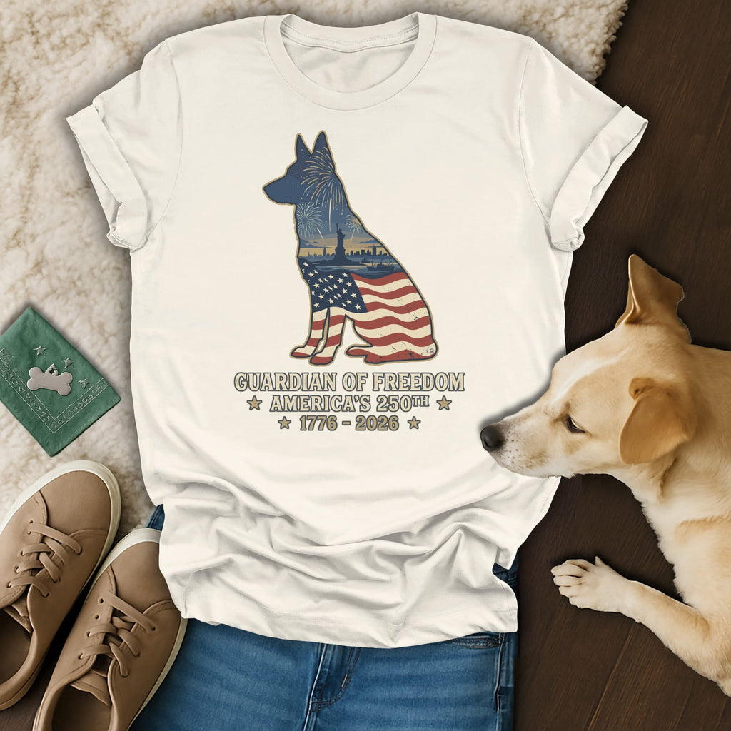 T-shirt with American flag dog silhouette, "Guardian of Freedom" text.