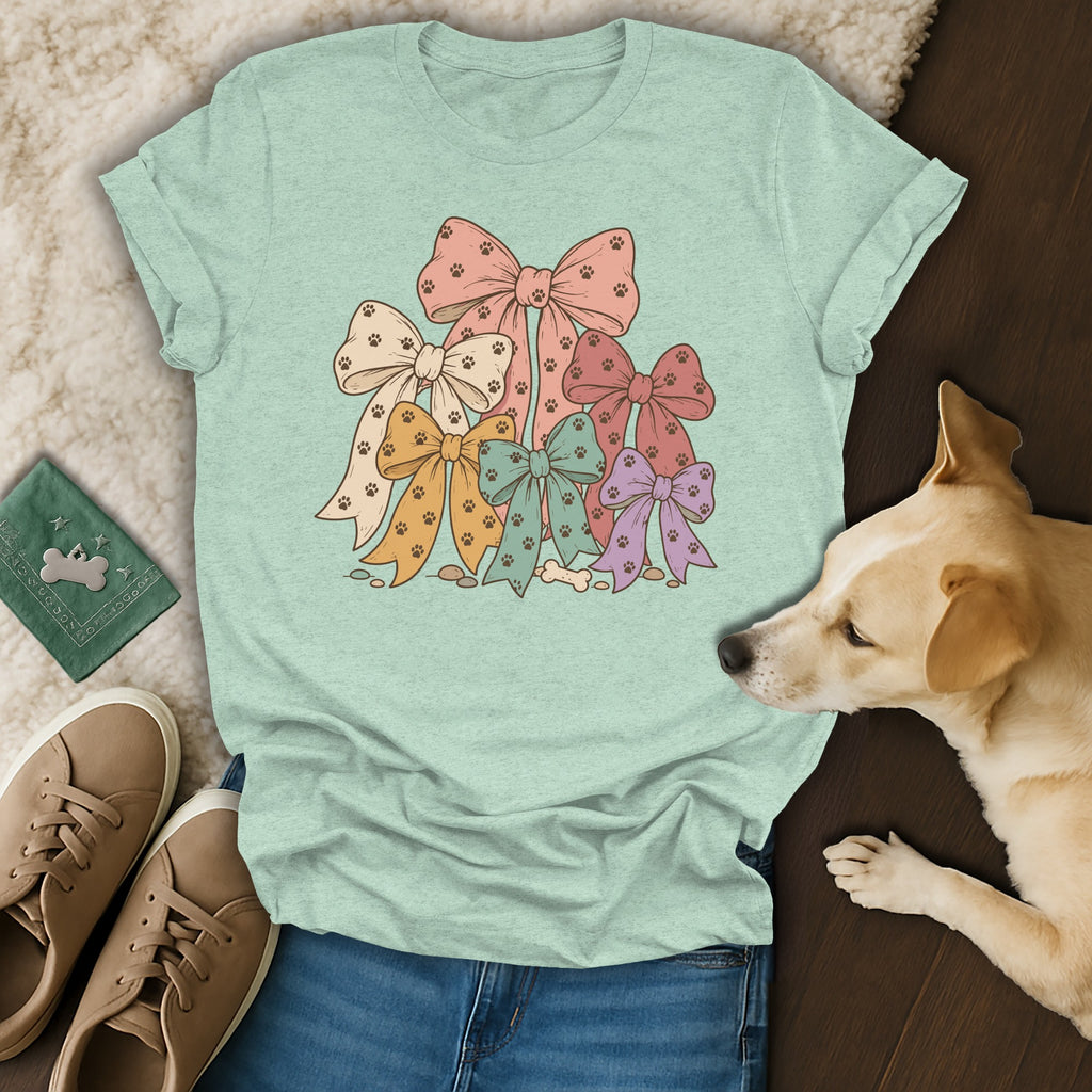 A mint green t-shirt featuring a stack of colorful bows patterned with paw prints, laid out with shoes and a small dog.