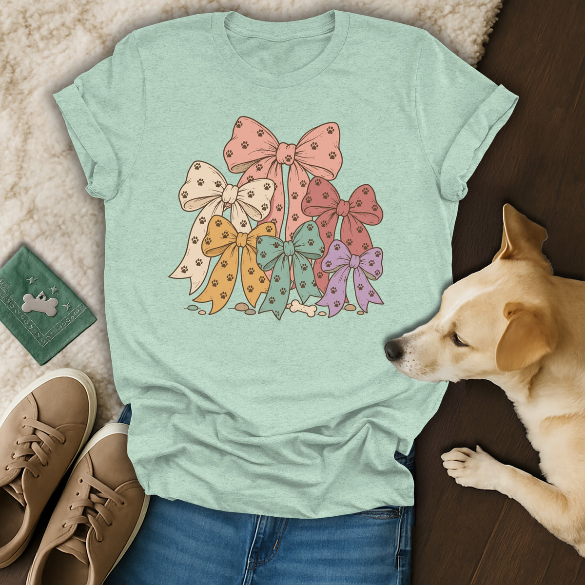 A mint green t-shirt featuring a stack of colorful bows patterned with paw prints, laid out with shoes and a small dog.