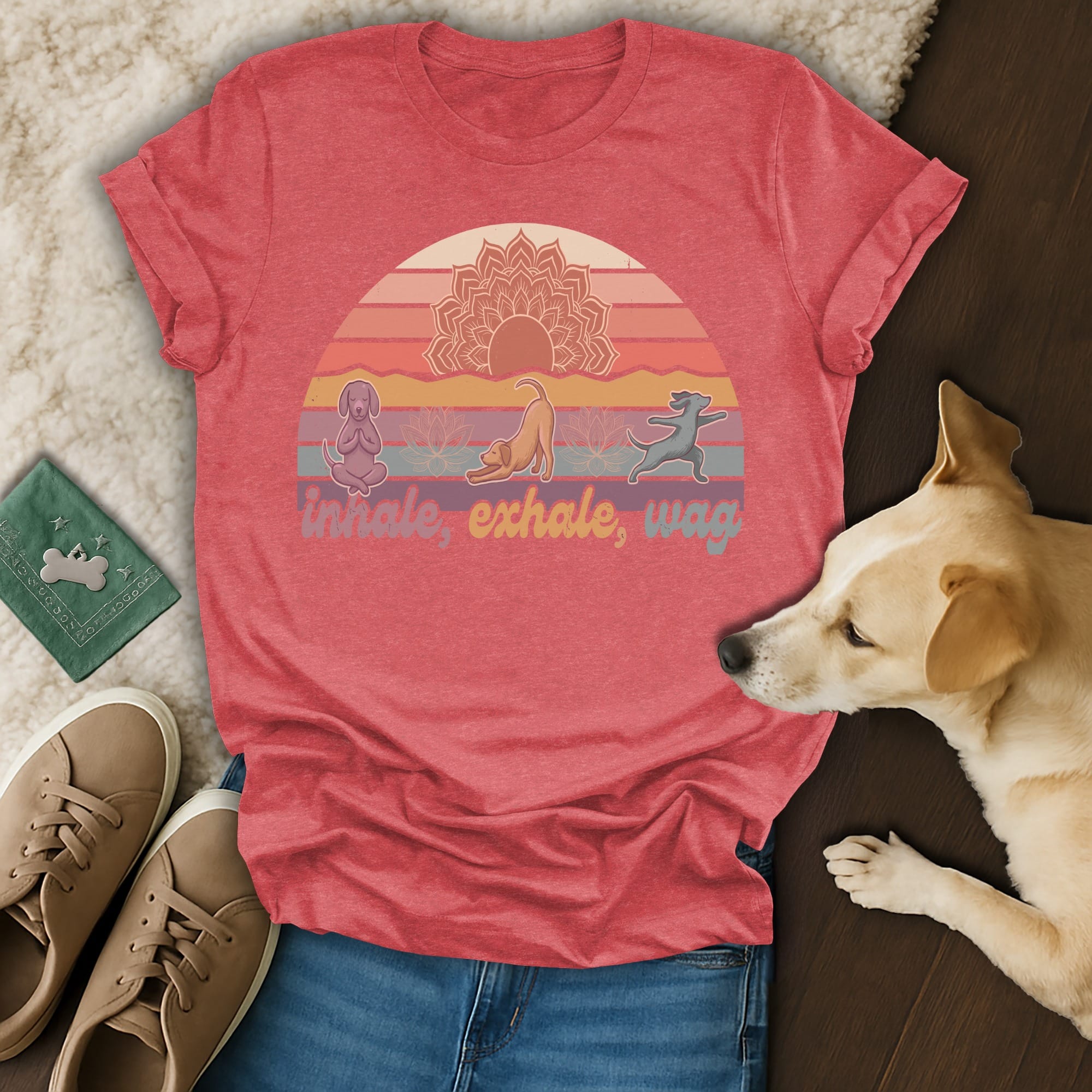 T-shirt with sunset mandala, yoga dogs, and text "Inhale, exhale, wag".