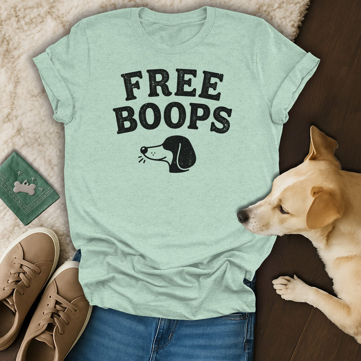 Light mint t-shirt with "FREE BOOPS" text and a dog illustration, beside a dog and sneakers.