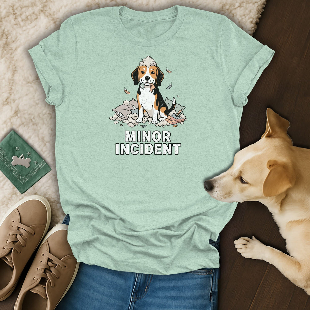 Light blue t-shirt with a beagle sitting on pillows, text "MINOR INCIDENT".