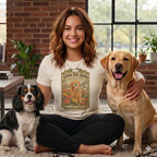 A smiling woman wearing a white t-shirt featuring a "Good Day Seeds" graphic sits cross-legged between a Cavalier King Charles Spaniel and a yellow Labrador Retriever.