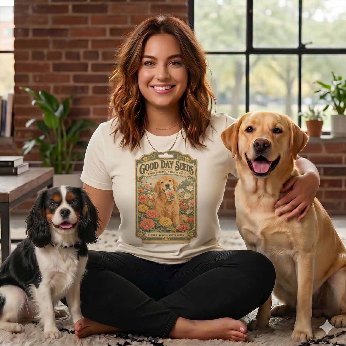 A smiling woman wearing a white t-shirt featuring a "Good Day Seeds" graphic sits cross-legged between a Cavalier King Charles Spaniel and a yellow Labrador Retriever.