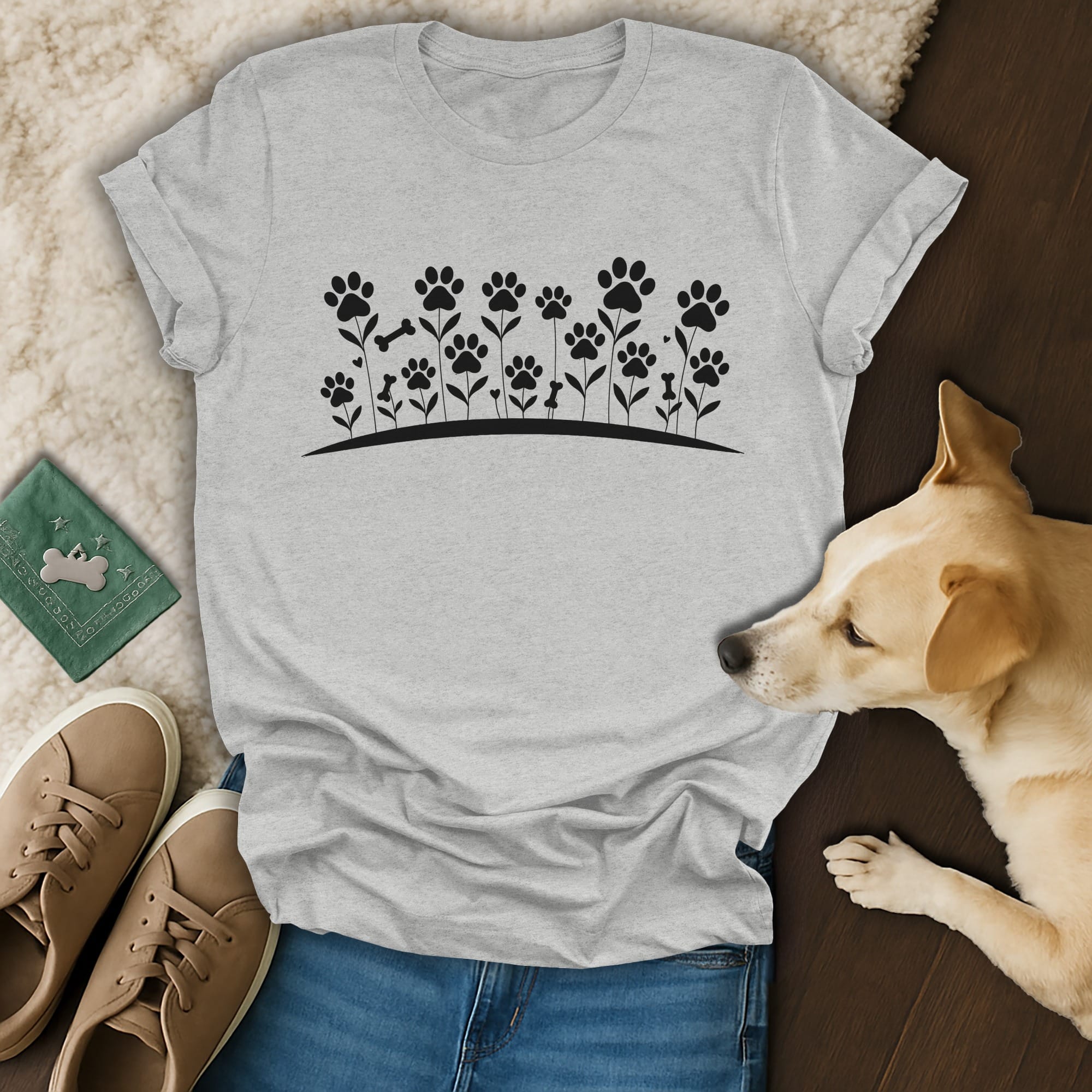 Gray t-shirt with a floral paw print and bone design.