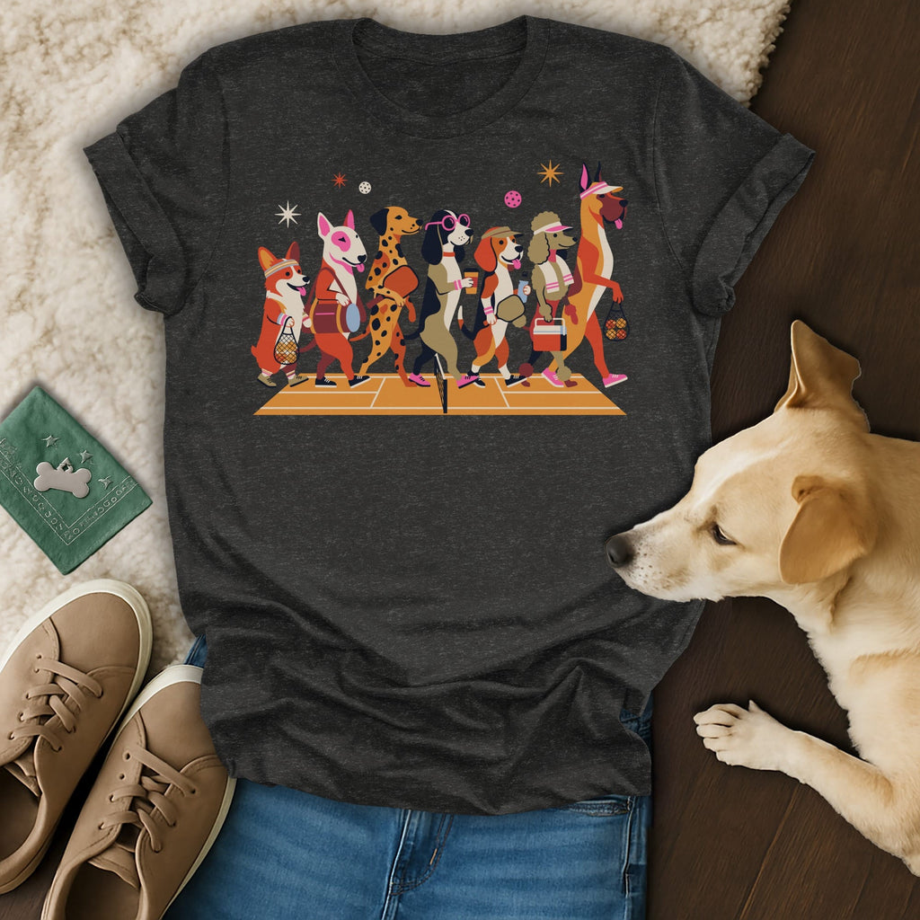 T-shirt design with diverse dogs walking in a line on a pickleball court.
