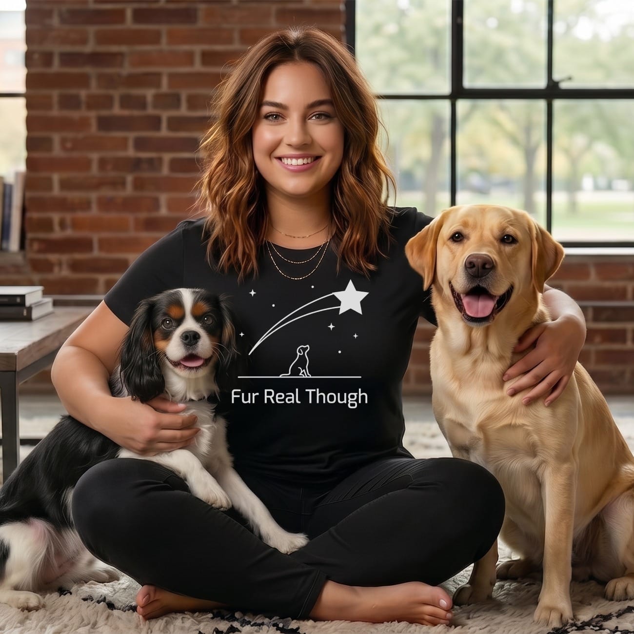 Woman sitting with a black and white dog and a yellow lab, wearing a t-shirt with a dog graphic.