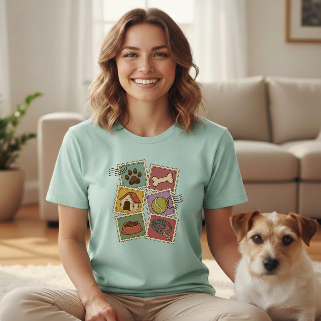 A smiling woman wearing a mint-green t-shirt with a vintage pet-themed stamp graphic sits next to a Jack Russell Terrier.