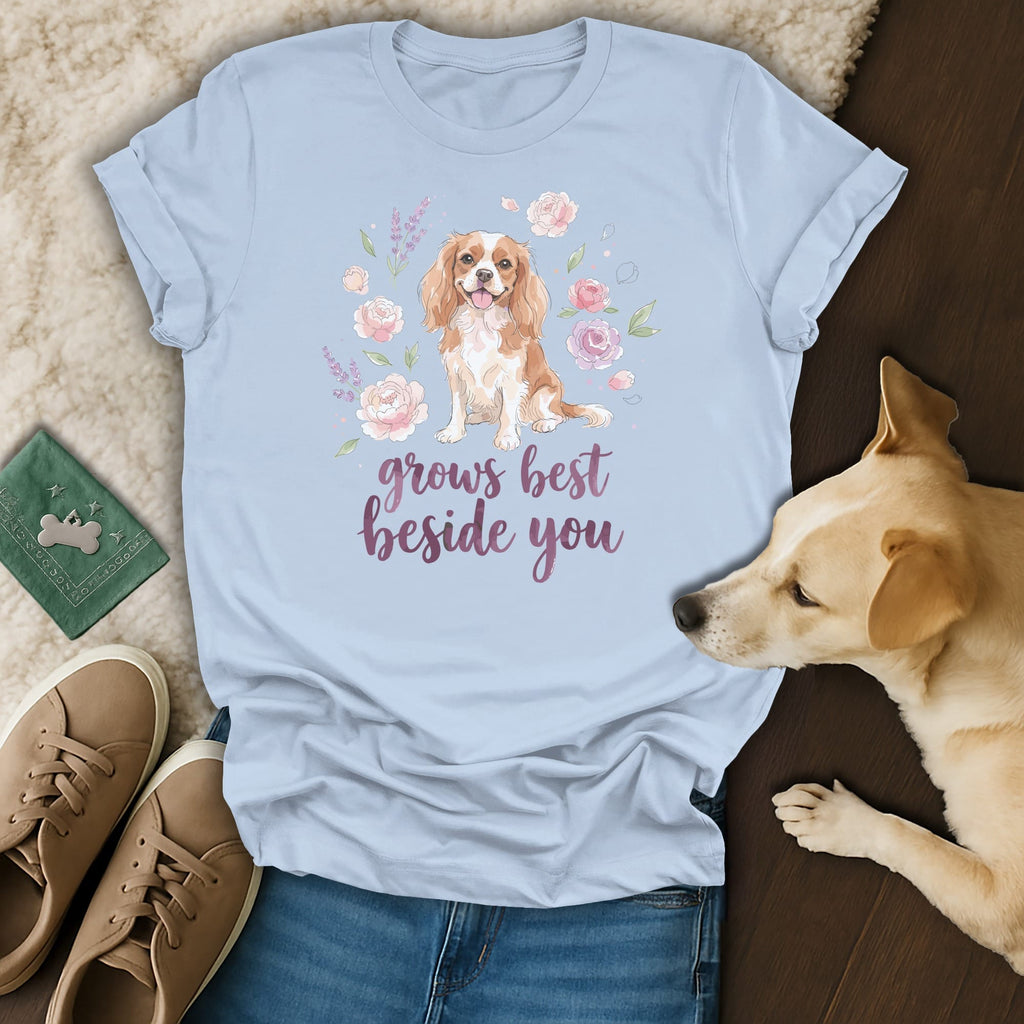 Light blue t-shirt featuring a Cavalier King Charles Spaniel graphic, surrounded by flowers, with the text grows best beside you.