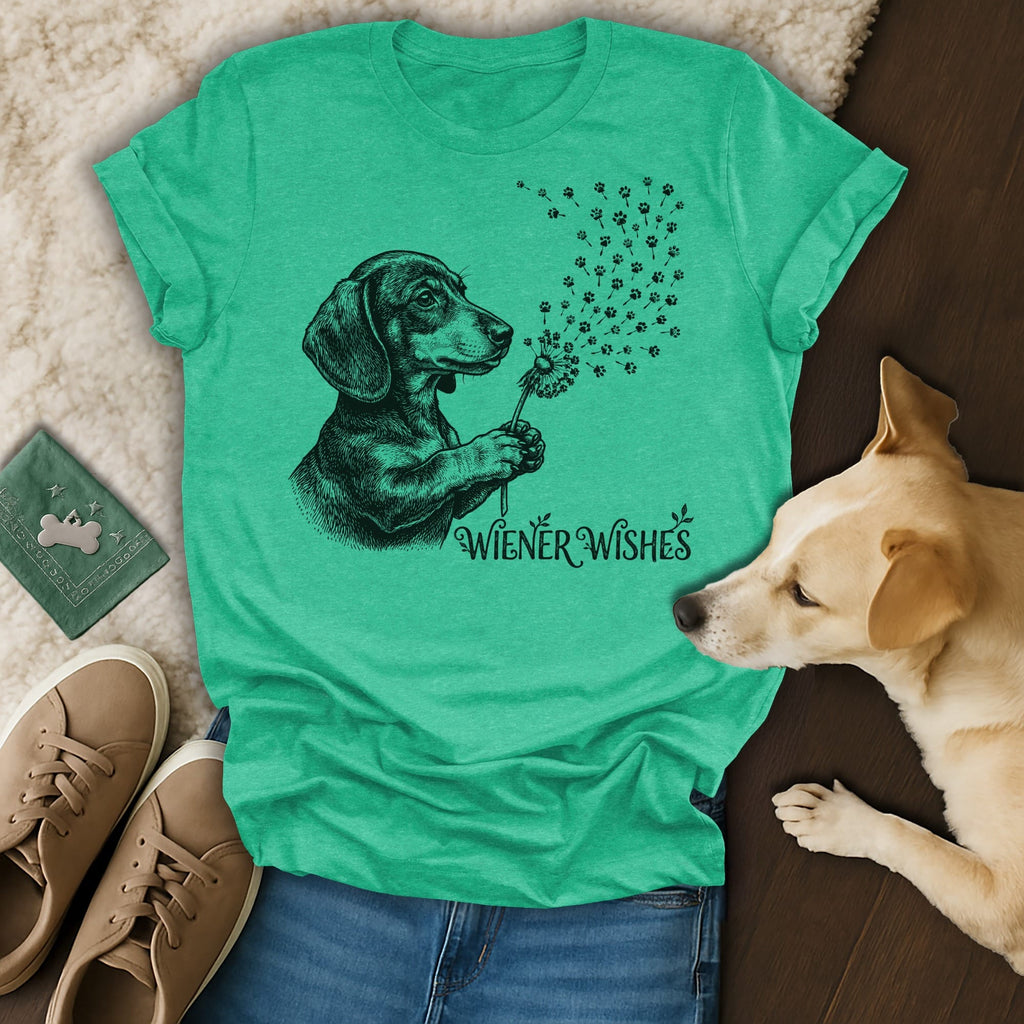 Green t-shirt with dachshund blowing dandelion seeds with paw prints.