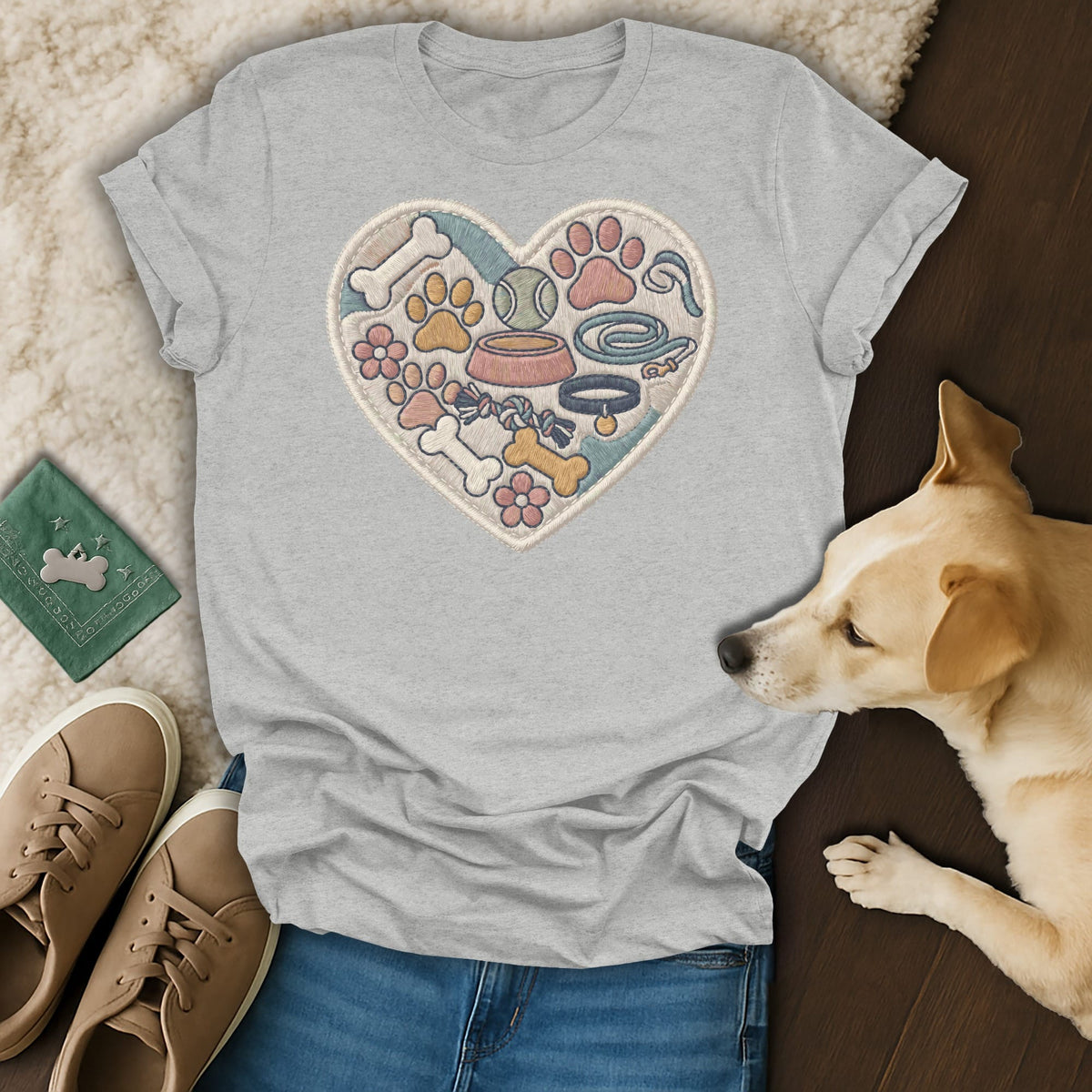 Grey t-shirt with a heart design filled with embroidered dog toys, bones, and paws.