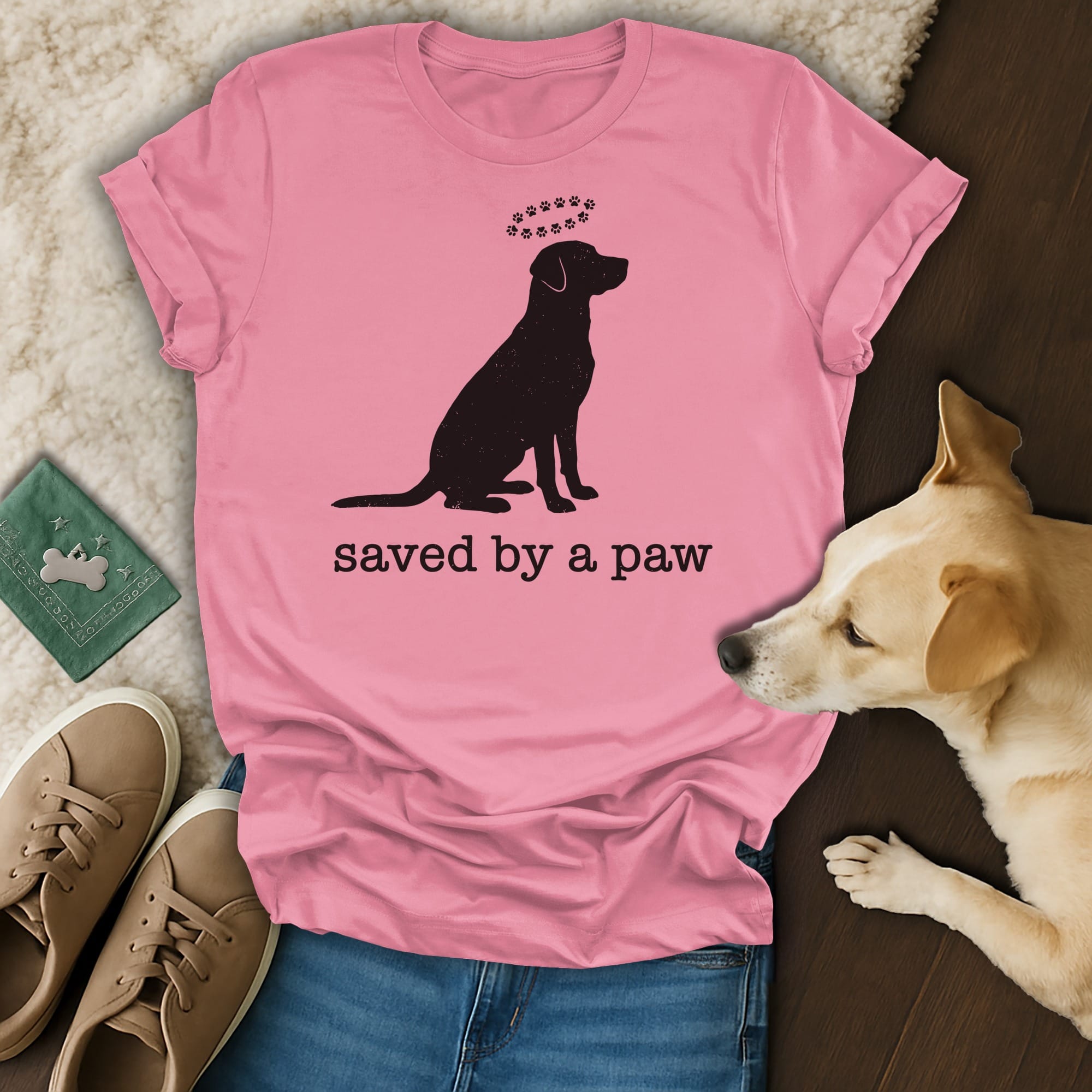 Pink t-shirt with black silhouette of a dog and paw print halo, text "saved by a paw".