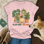 Pink t-shirt with a graphic of a French bulldog surrounded by potted plants and the text Plant Mom Dog Mom.