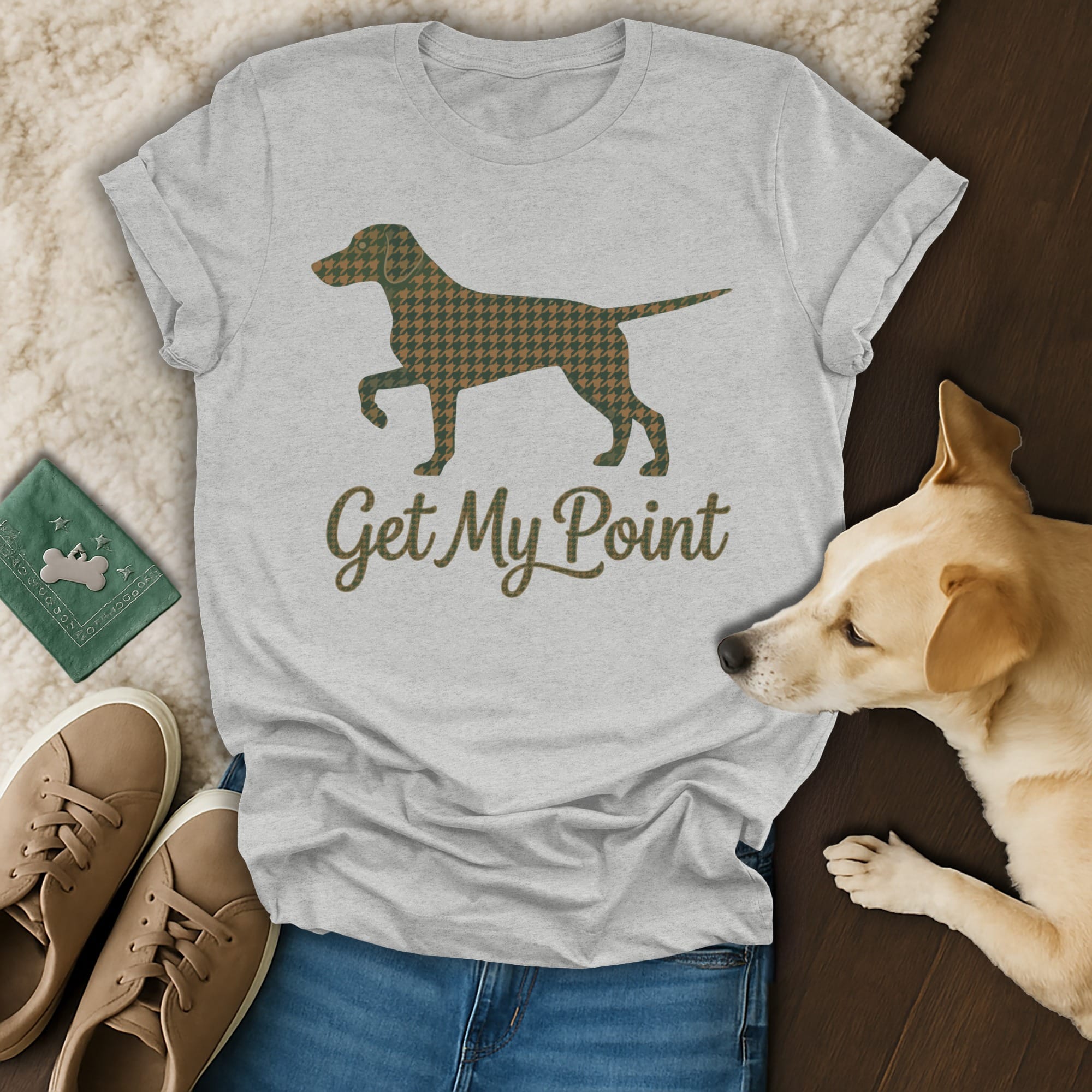Gray t-shirt with a dog silhouette and "Get My Point" text.