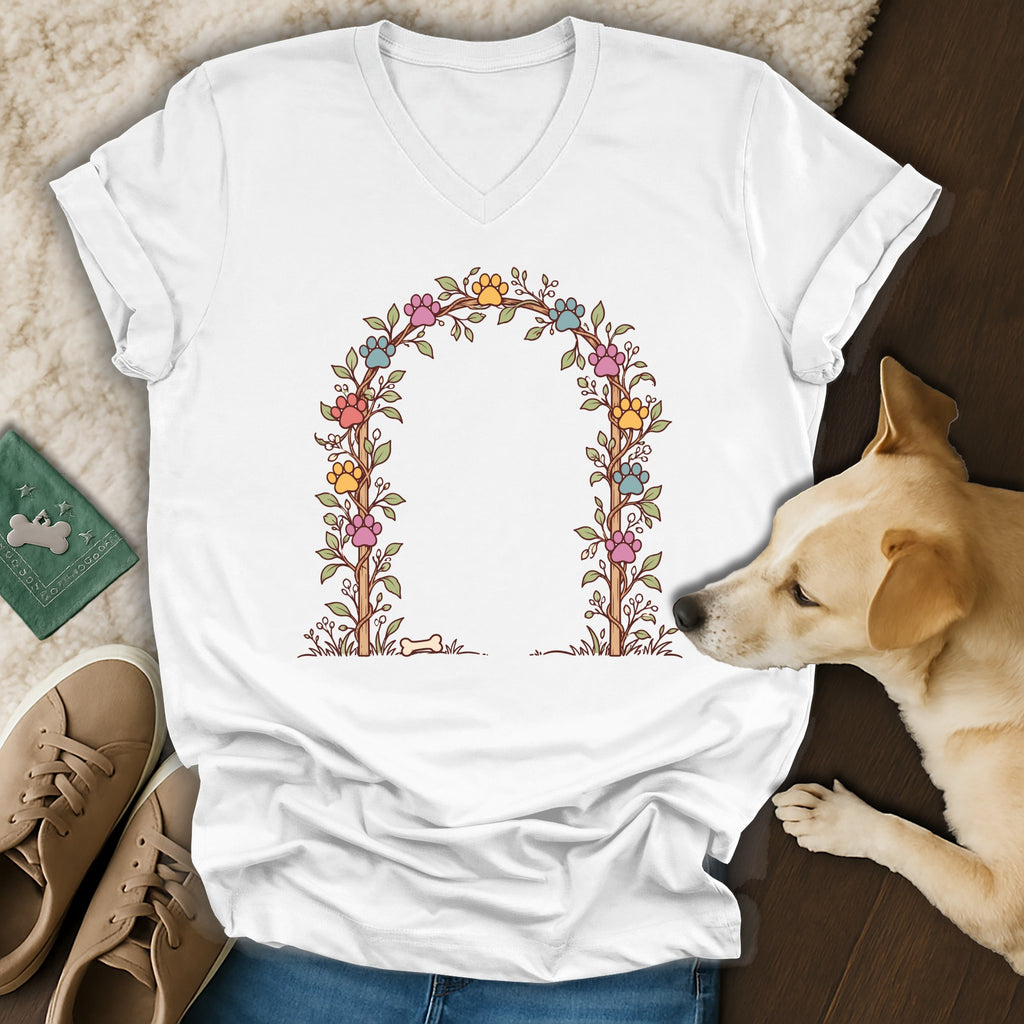 A white v-neck t-shirt displays an illustrated floral arch with colorful paw prints.