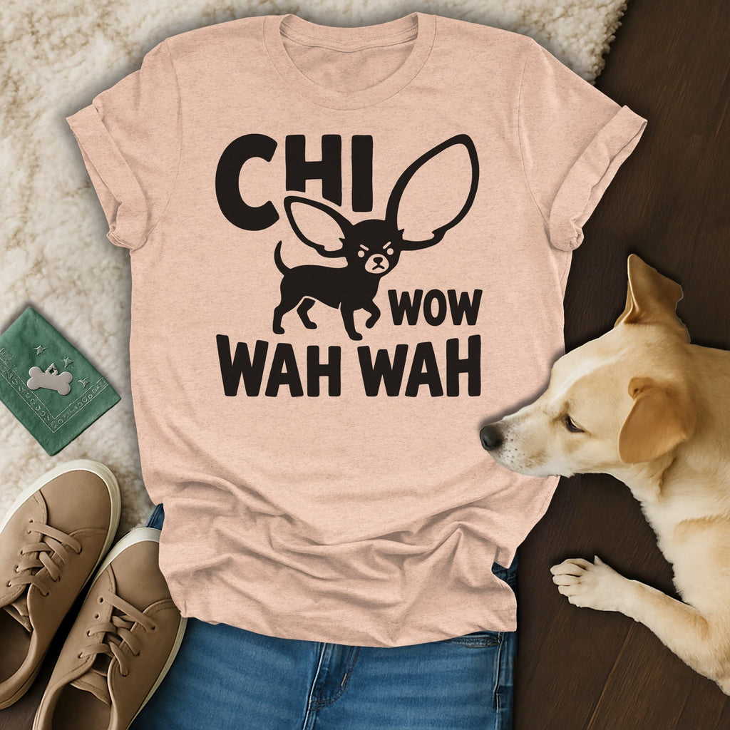 Peach t-shirt with "CHI WOW WAH WAH" text and a chihuahua graphic.