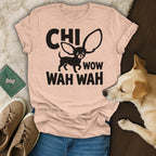 Peach t-shirt with "CHI WOW WAH WAH" text and a chihuahua graphic.