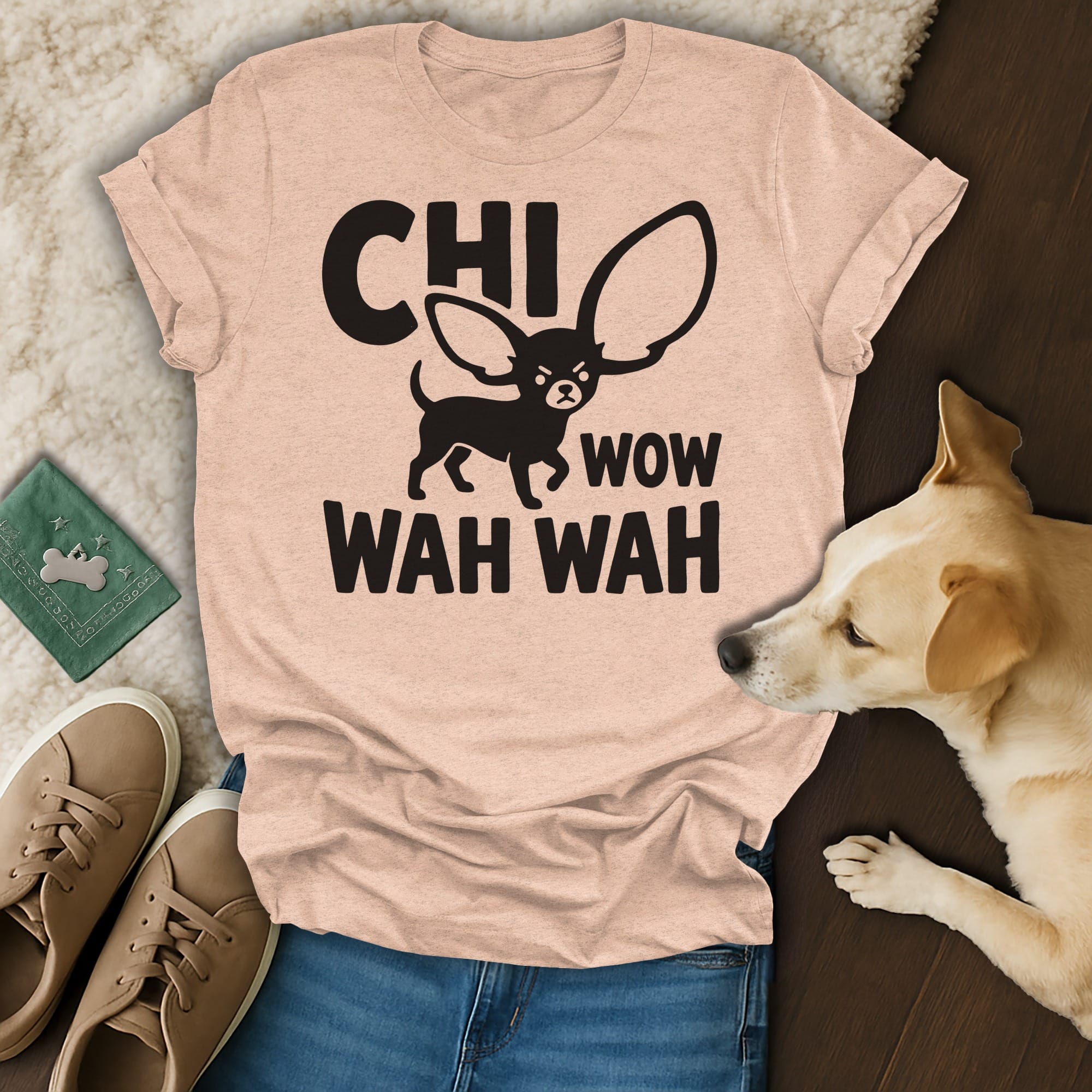 Peach t-shirt with "CHI WOW WAH WAH" text and a chihuahua graphic.