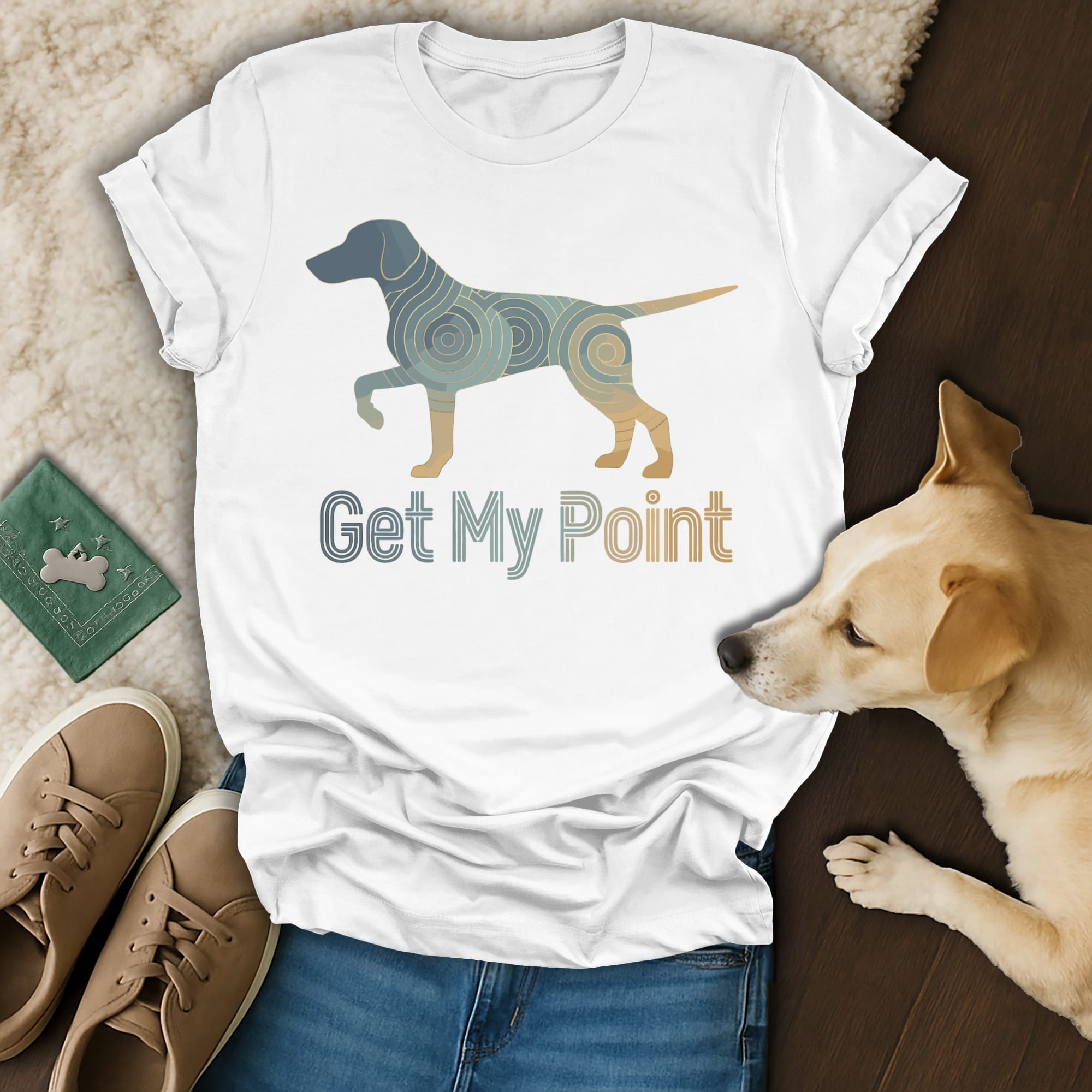 White t-shirt with a dog silhouette and "Get My Point" text.