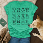 T-shirt with line drawings of dog breeds and witty breed-related phrases.