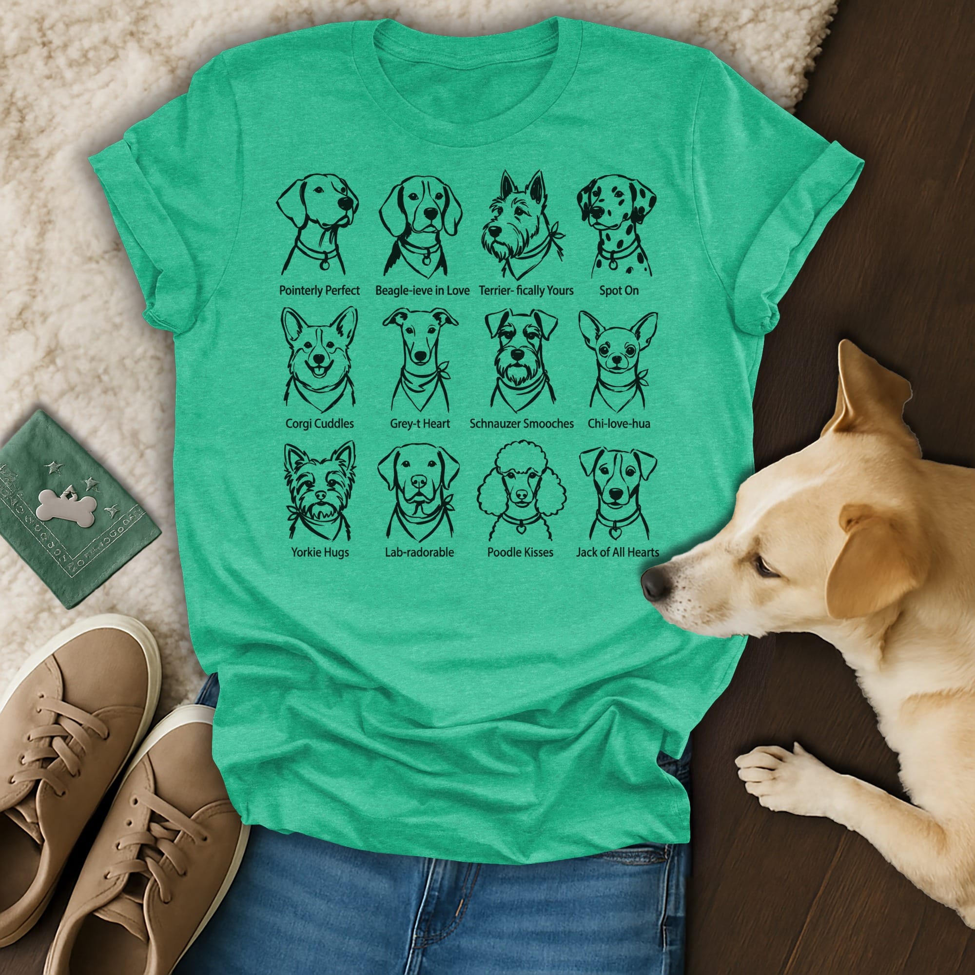 T-shirt with line drawings of dog breeds and witty breed-related phrases.