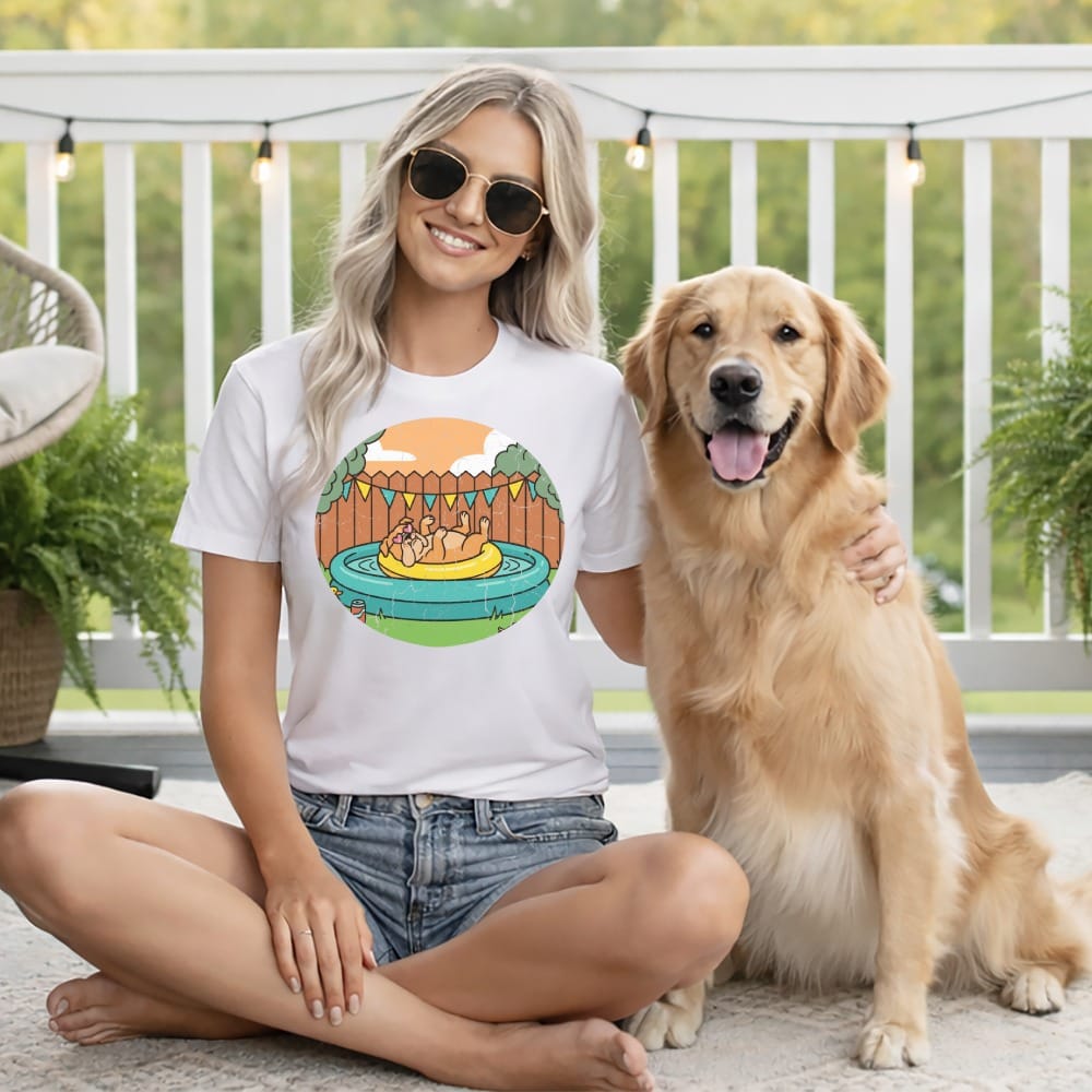 Woman wearing a white t-shirt with a dog and pool graphic.