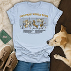 T-shirt with cartoon dogs on a "Dog Park World Tour" including corgi and dachshund.