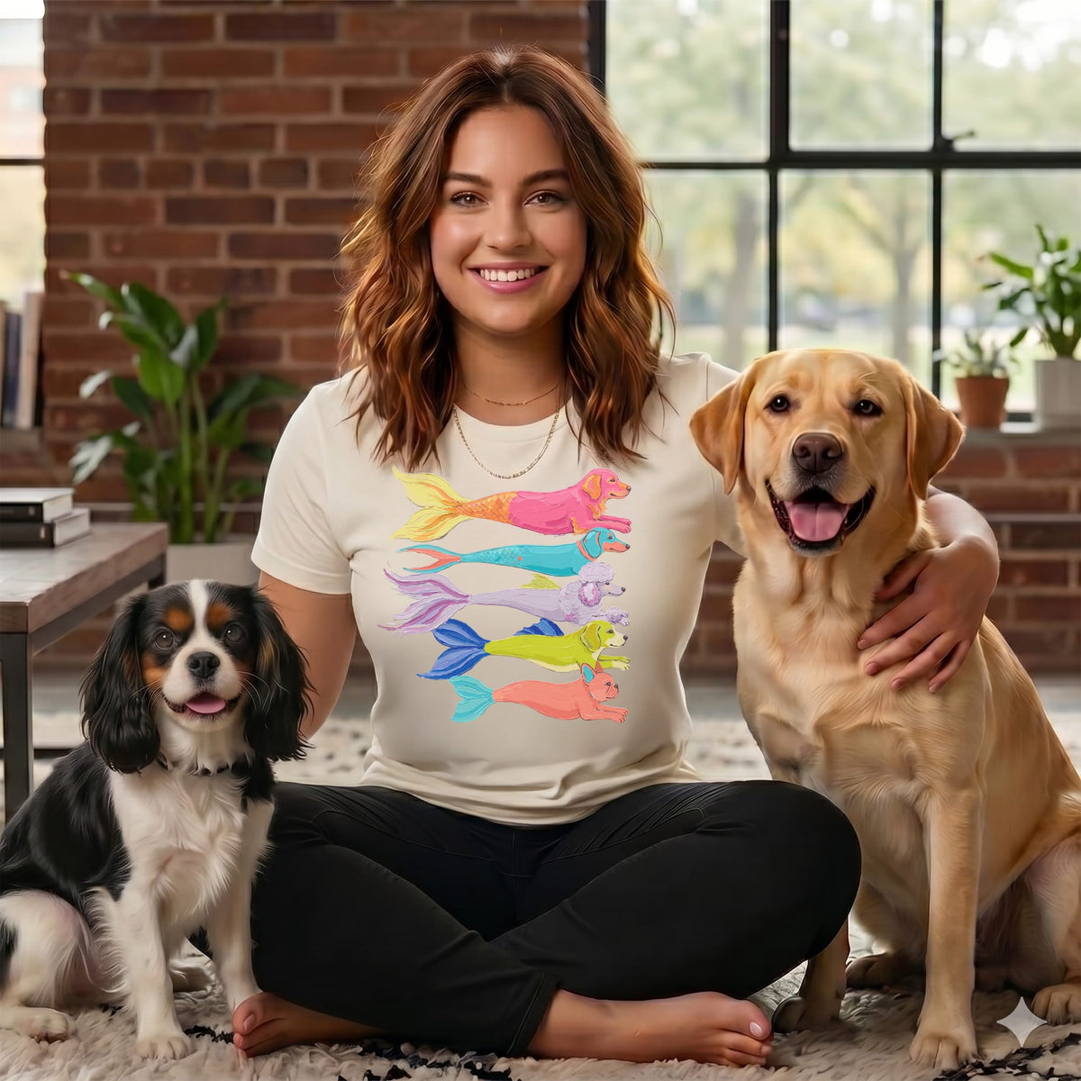 Woman wearing t-shirt with colorful mermaid dogs graphic, sitting with two dogs.
