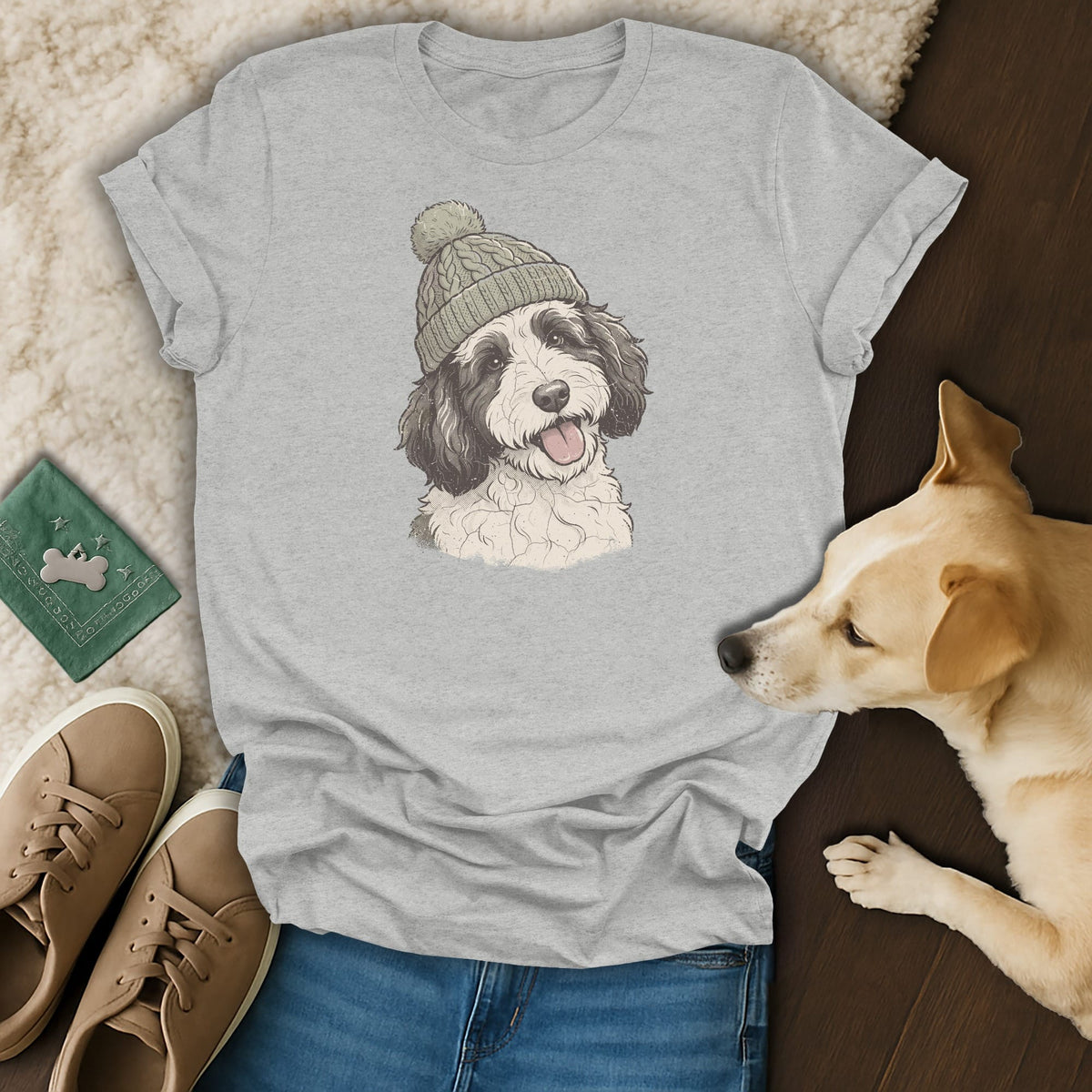 Grey t-shirt with a cartoon dog wearing a knit hat.