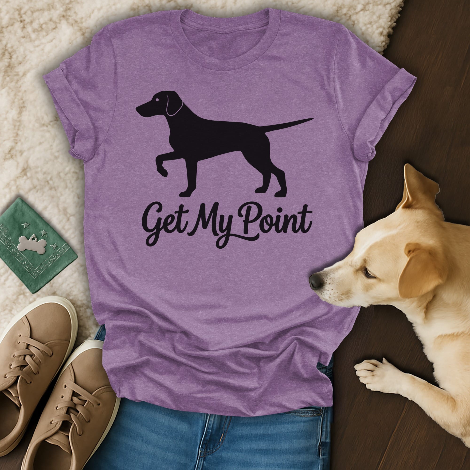 Purple t-shirt with black dog silhouette and "Get My Point" text.