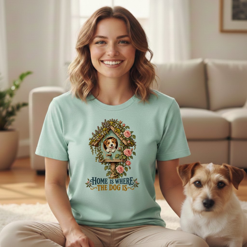 A smiling woman wearing a mint-green t-shirt featuring a dog graphic, sitting next to a Jack Russell Terrier.