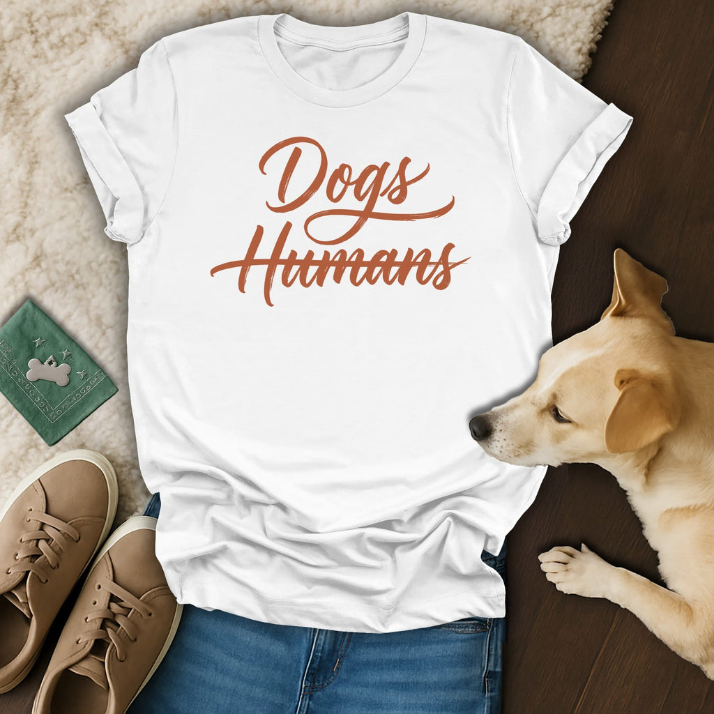 White t-shirt with "Dogs Humans" text, jeans, shoes, bandana, and dog.