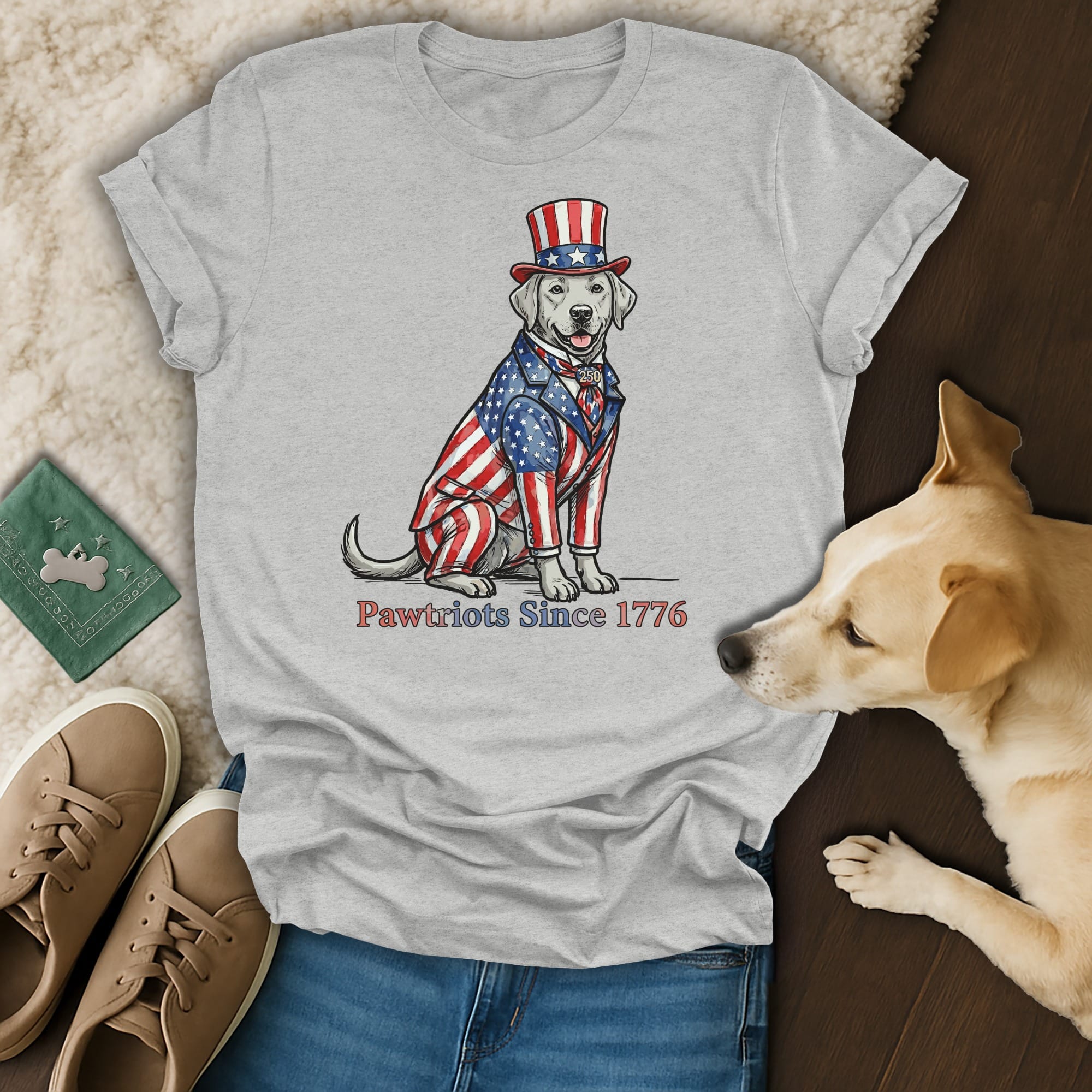 Labrador Retriever wearing a patriotic hat and suit with "Pawtriots Since 1776" text.