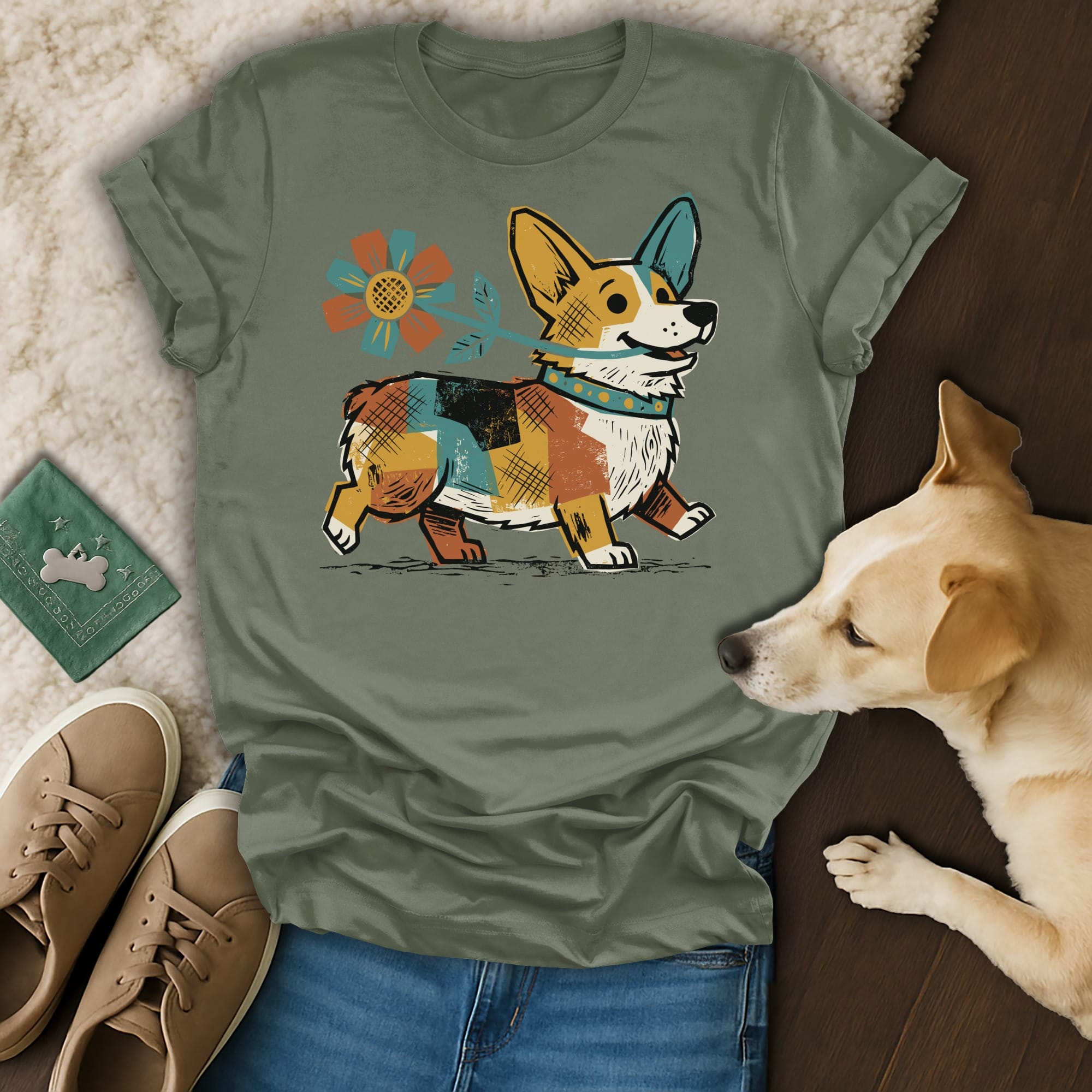 Corgi wearing a collar, walking with a flower on a t-shirt.