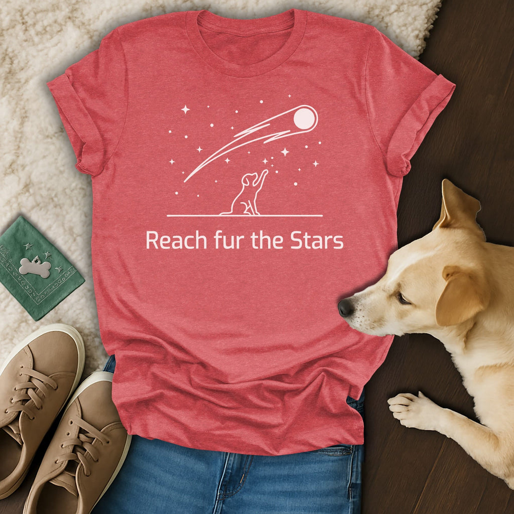 Red t-shirt with "Reach fur the Stars" and a shooting star graphic.