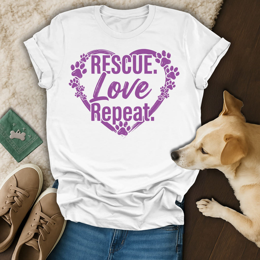 White t-shirt with purple paw prints and "Rescue. Love. Repeat." text.