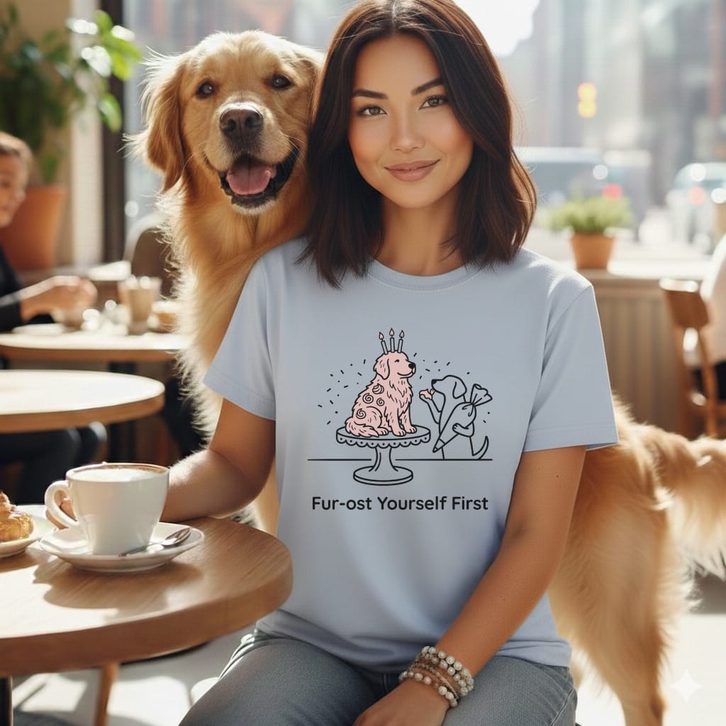 Woman with golden retriever wearing t-shirt with dog cake and text "Fur-ost Yourself First".