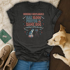 Dark gray t-shirt with text about 10,000 photos of the same dog.