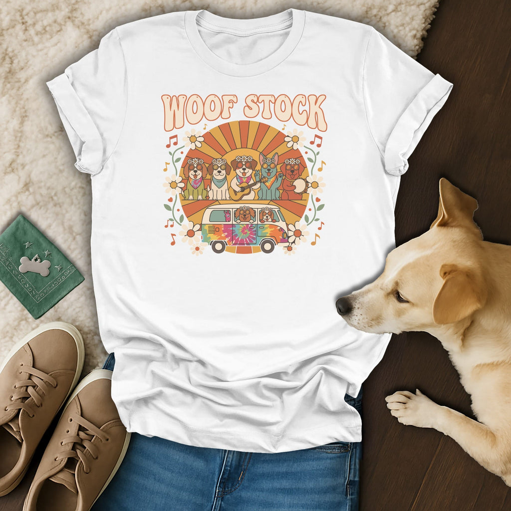 White t-shirt with "WOOF STOCK" text and dogs playing music in a van.