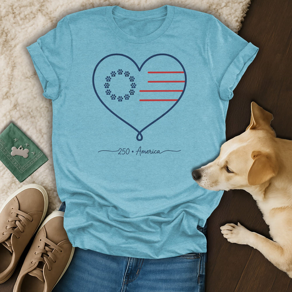 Light blue t-shirt with a heart flag design that says "250 America".