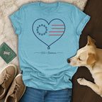 Light blue t-shirt with a heart flag design that says "250 America".