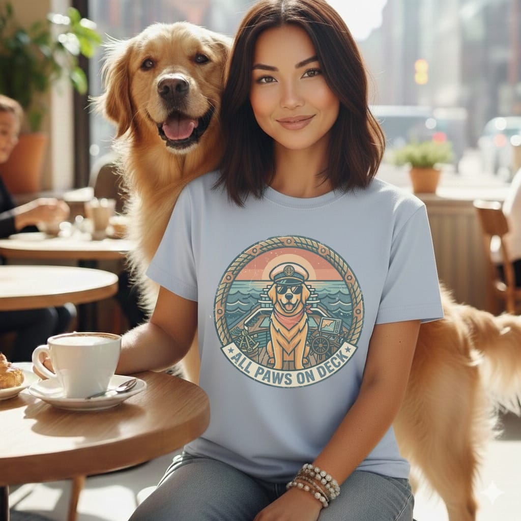 Woman in light blue t-shirt with a graphic of a golden retriever wearing a captain's hat on a boat.