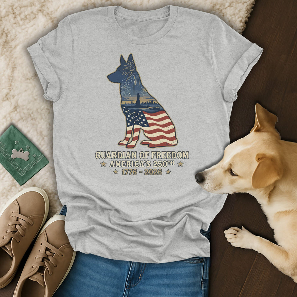 T-shirt with dog silhouette filled with American flag and cityscape.