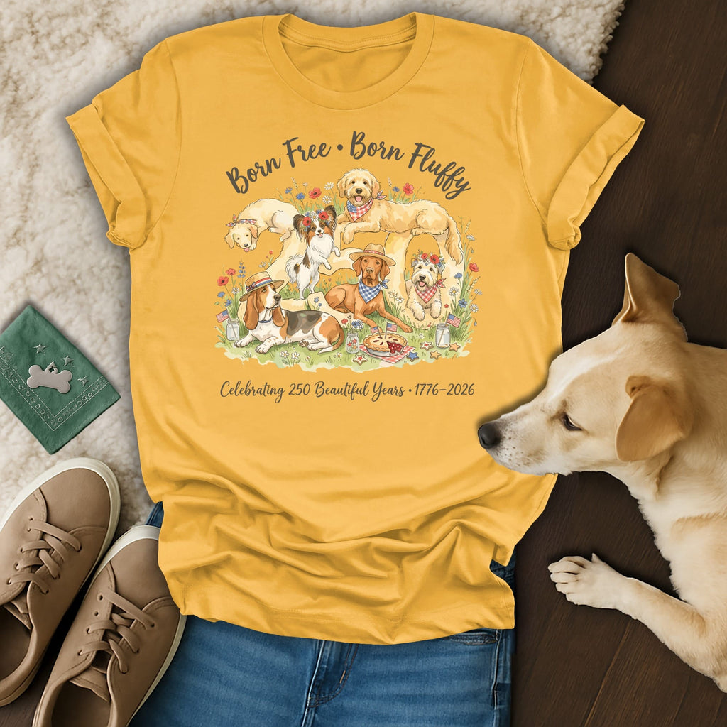 Yellow t-shirt with dogs, flowers, and "Born Free. Born Fluffy. Celebrating 250 Beautiful Years 1776-2026."