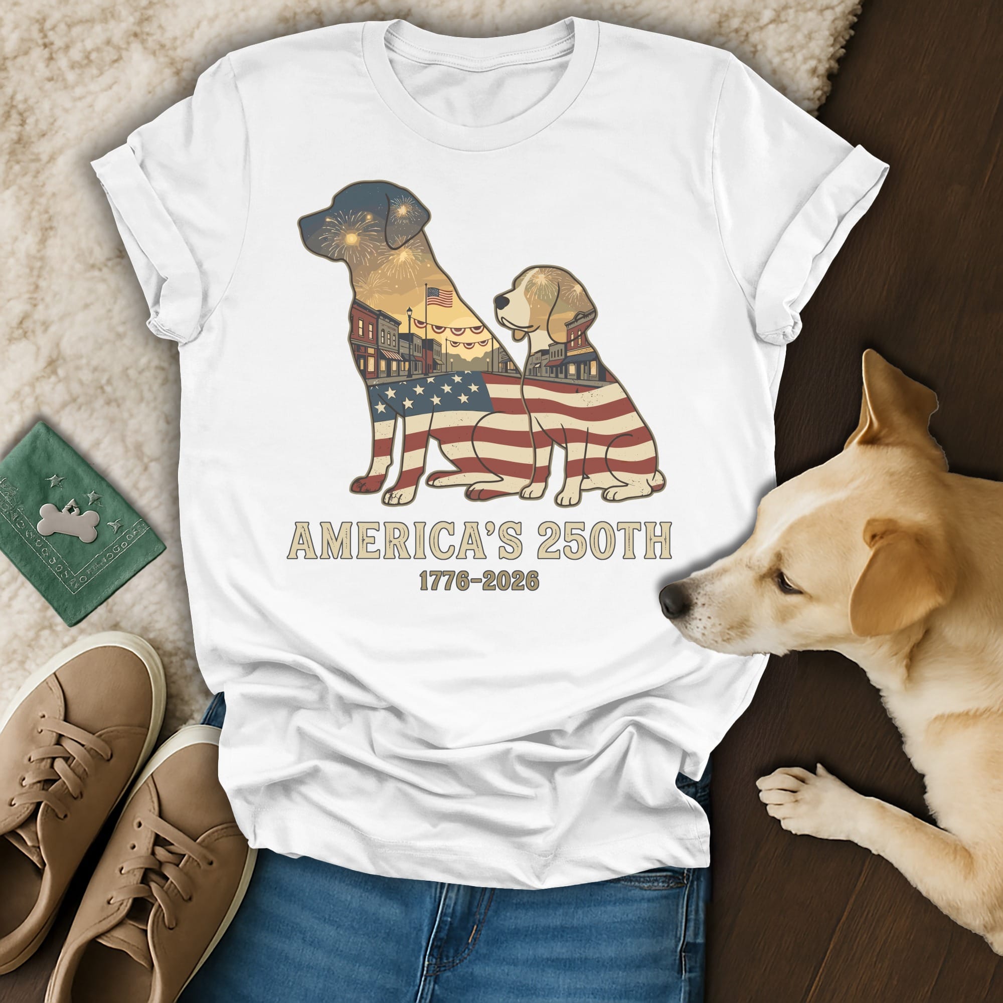 White t-shirt with a dog silhouette filled with American flag and fireworks, celebrating America's 250th.