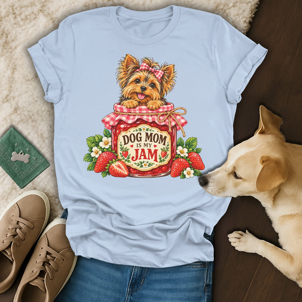 Light blue t-shirt featuring a Yorkie in a strawberry jam jar and the text Dog Mom Is My Jam.