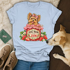 Light blue t-shirt featuring a Yorkie in a strawberry jam jar and the text Dog Mom Is My Jam.